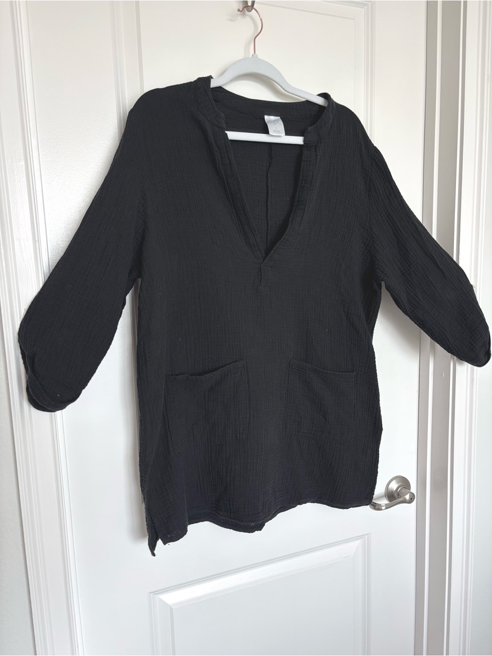 Kona Sol 100% Cotton Black Tunic Top Long Sleeve V Neck Boho Size S